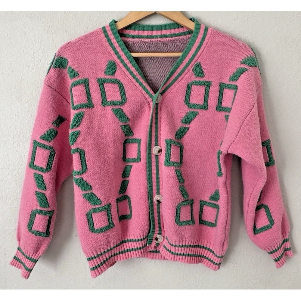 Pink Green Womens Graphic Knit Cardigan Sweater L Pink AKA Sorority Varsity